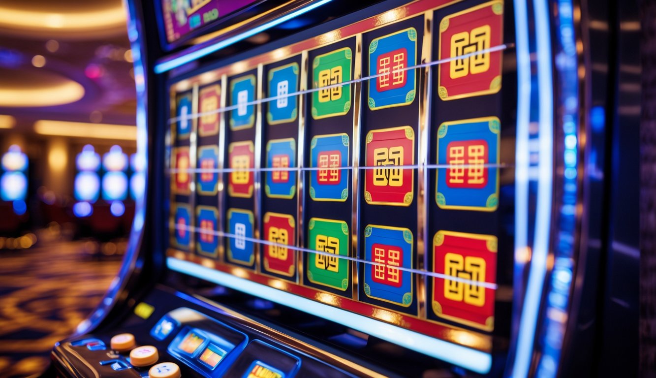 Mesin slot modern dengan simbol ubin Mahjong berwarna-warni di dalam kasino.