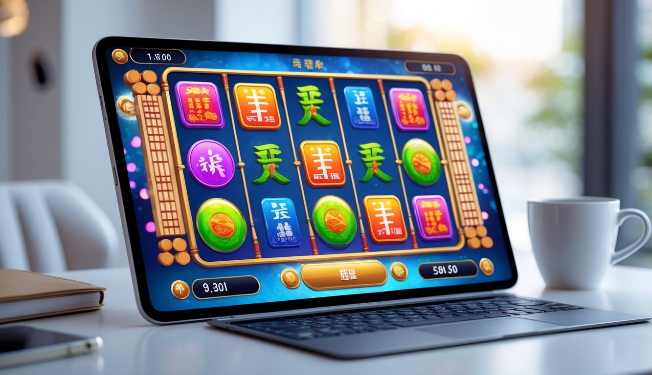 Layar perangkat digital menampilkan permainan slot online dengan simbol ubin Mahjong berwarna cerah dalam suasana ruang kerja yang rapi.
