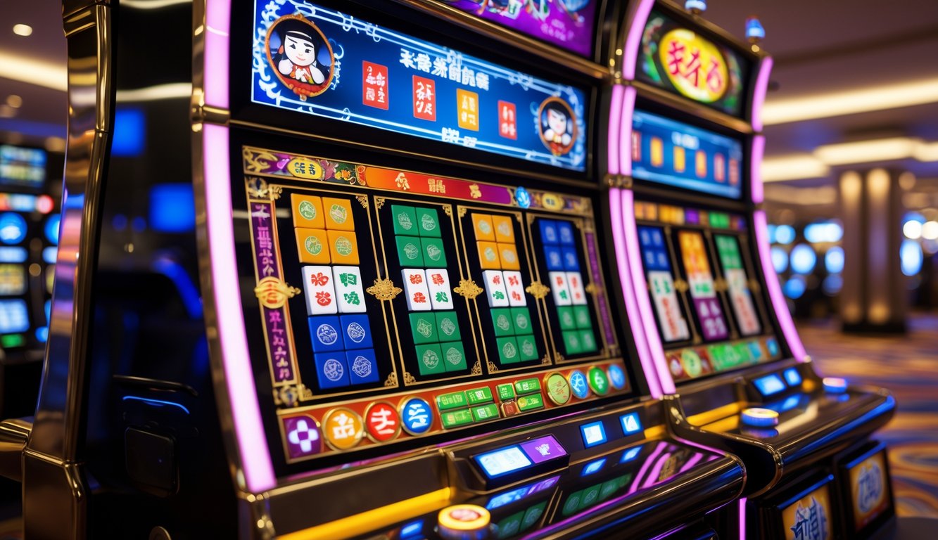 Mesin slot dengan simbol ubin Mahjong berwarna-warni di dalam kasino yang terang dan modern.