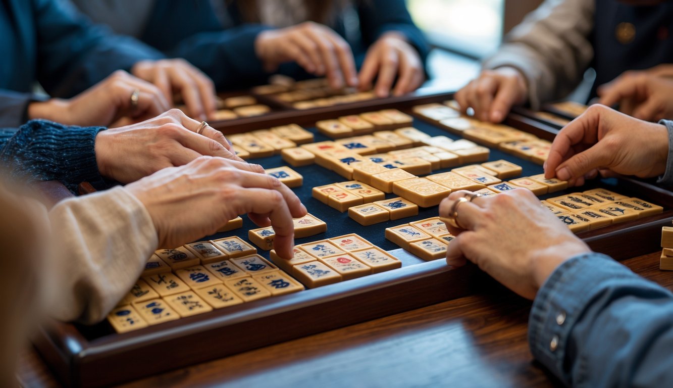 Meja Mahjong dengan ubin yang tersusun rapi dan tangan pemain yang sedang memilih ubin.