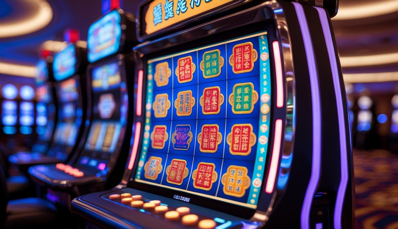 Mesin slot bertema Mahjong dengan ubin berwarna-warni di latar kasino yang samar.