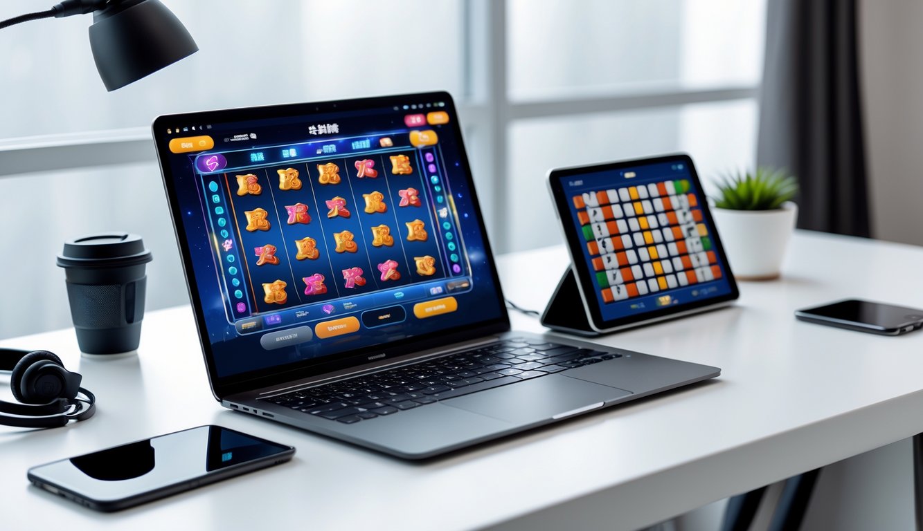 Sebuah laptop dan tablet di atas meja menampilkan permainan slot dan Mahjong online dengan latar belakang meja kerja yang rapi.