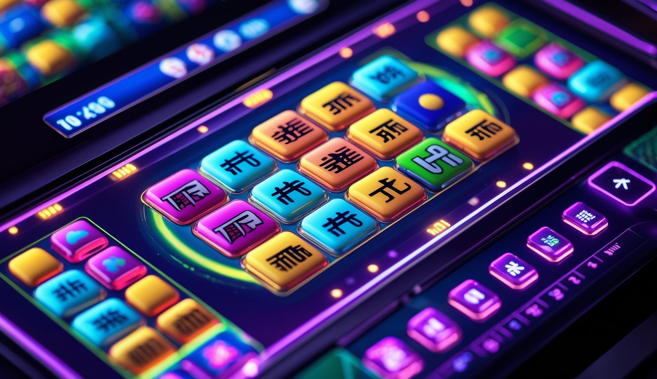 Mesin slot digital dengan tampilan ubin Mahjong berwarna-warni dalam kombinasi kemenangan.