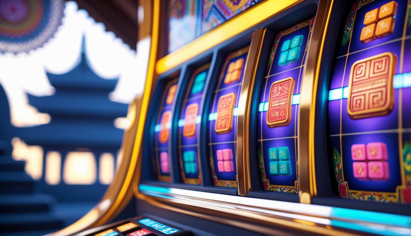 Mesin slot dengan gambar ubin Mahjong yang berwarna-warni dan latar belakang elemen budaya Indonesia.