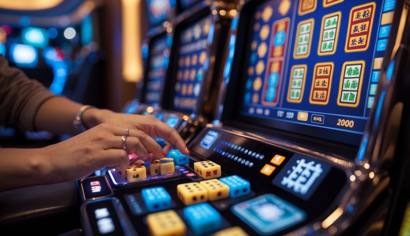 Tangan seseorang sedang bermain mesin slot dengan simbol ubin Mahjong di layar dalam suasana kasino yang terang dan modern.