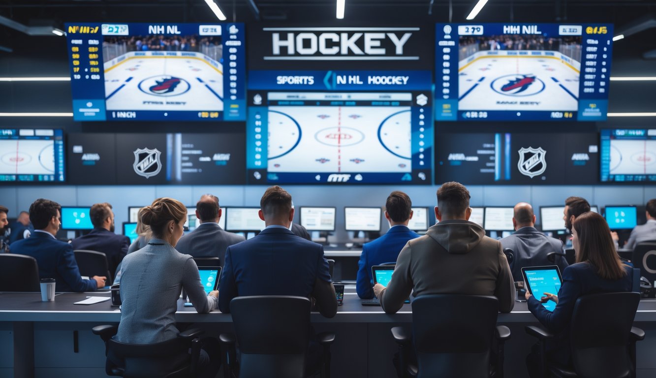 Orang-orang sedang memasang taruhan pada pertandingan hoki NHL di sebuah kantor taruhan modern dengan layar besar yang menampilkan pertandingan hoki.