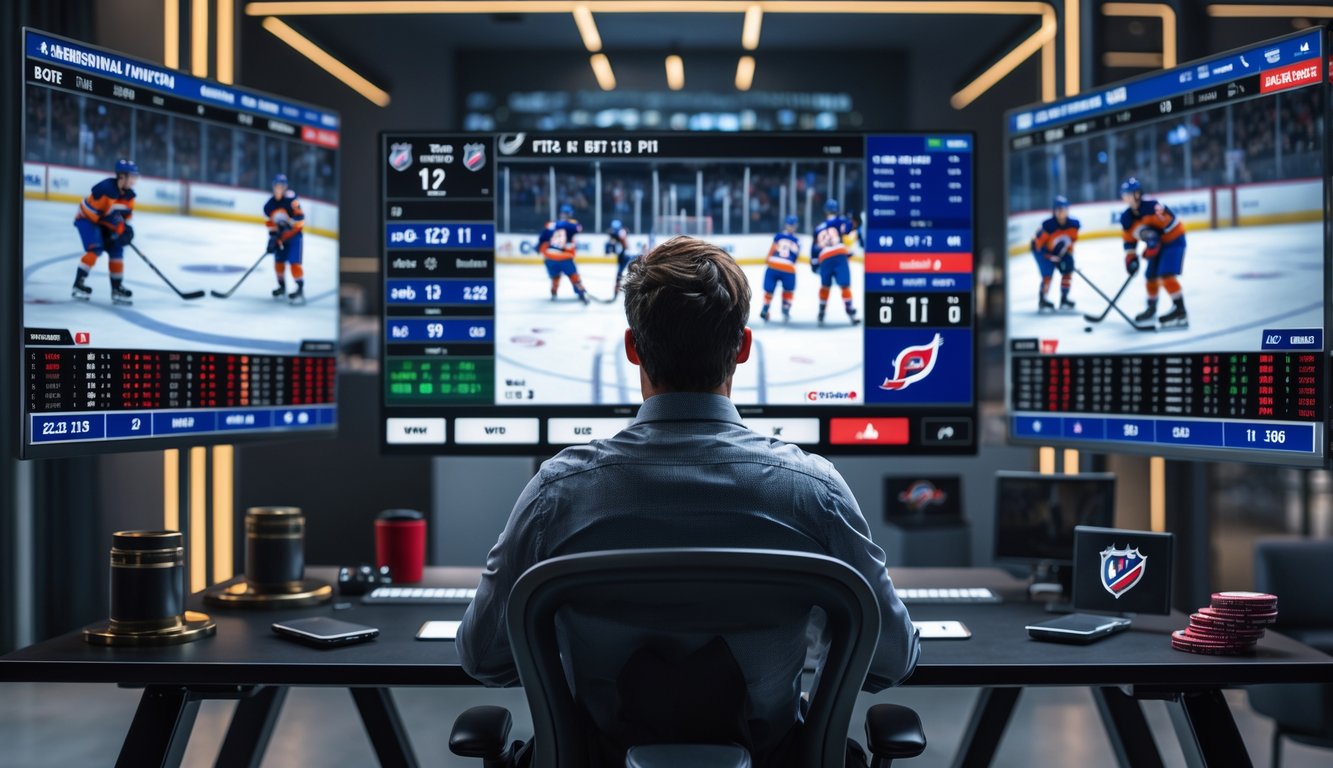 Seorang pria muda duduk di depan beberapa layar digital yang menampilkan statistik dan skor pertandingan hoki es NHL di sebuah ruangan modern.