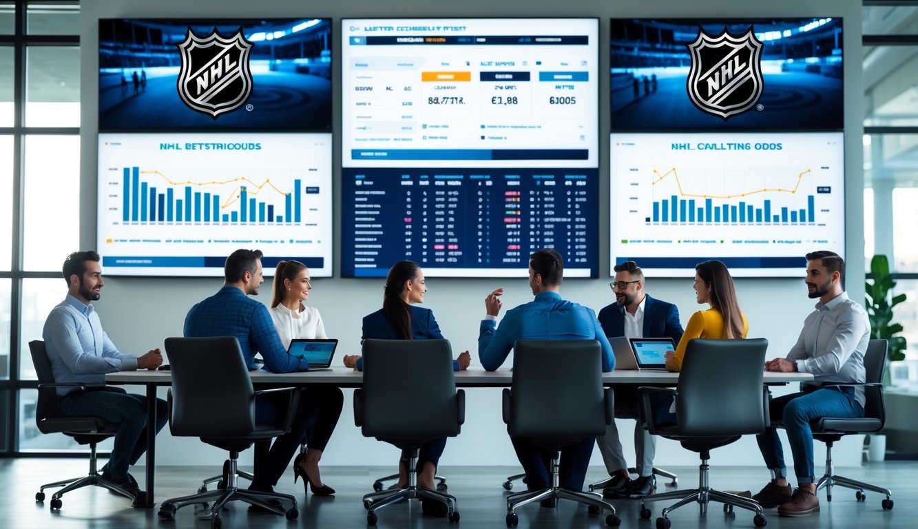 Sekelompok orang sedang berdiskusi di sekitar meja kantor modern dengan layar digital menampilkan statistik hoki NHL.