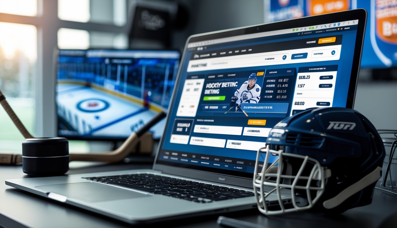 Meja kerja dengan laptop yang menampilkan situs taruhan hoki online dan peralatan hoki di sekitarnya.