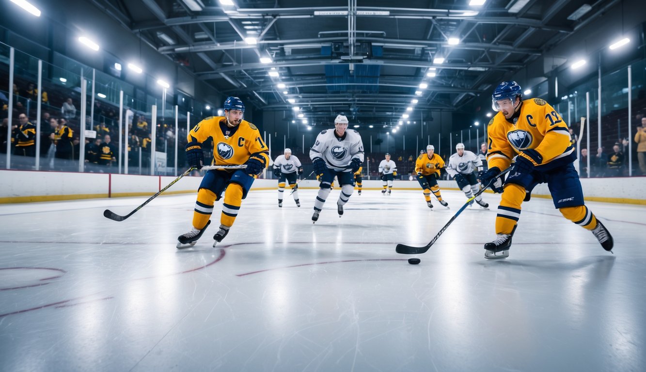 Pertandingan hoki es yang intens dengan pemain yang sedang bermain di arena dalam ruangan dan penonton di latar belakang.