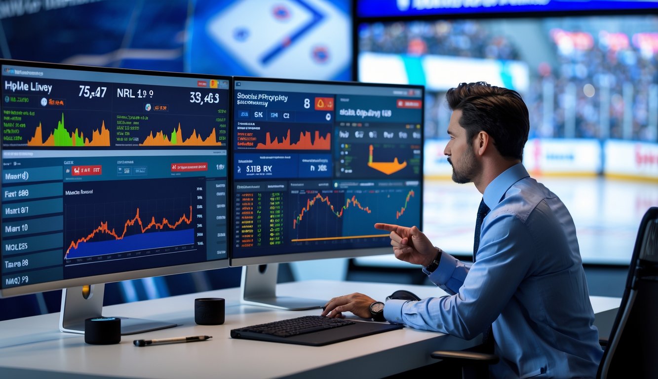 Seorang analis olahraga sedang melihat data pertandingan hoki es NHL di meja kerja dengan beberapa monitor besar.
