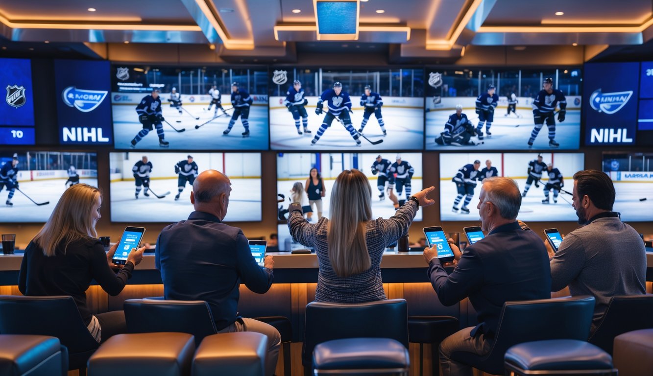 Sekelompok orang di sebuah bar olahraga modern sedang menonton pertandingan hoki es NHL dan menggunakan ponsel untuk memasang taruhan.