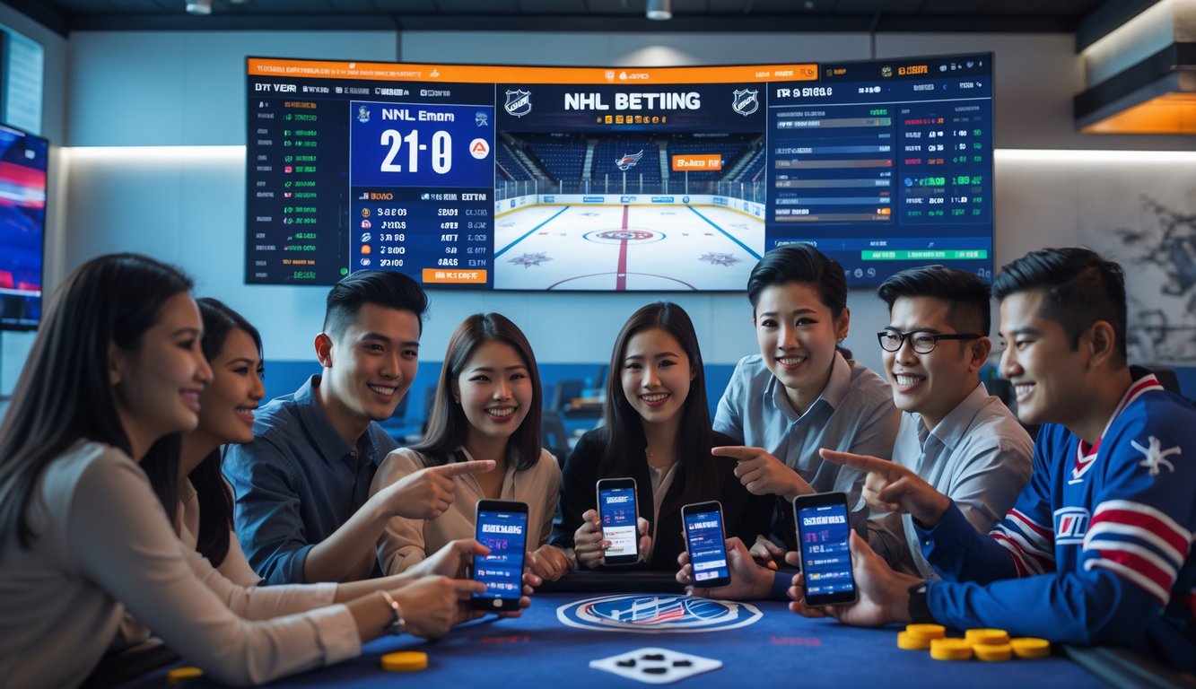 Sekelompok orang muda berkumpul di ruangan modern melihat layar digital yang menampilkan statistik dan skor pertandingan hoki NHL dengan suasana antusias dan penuh semangat.