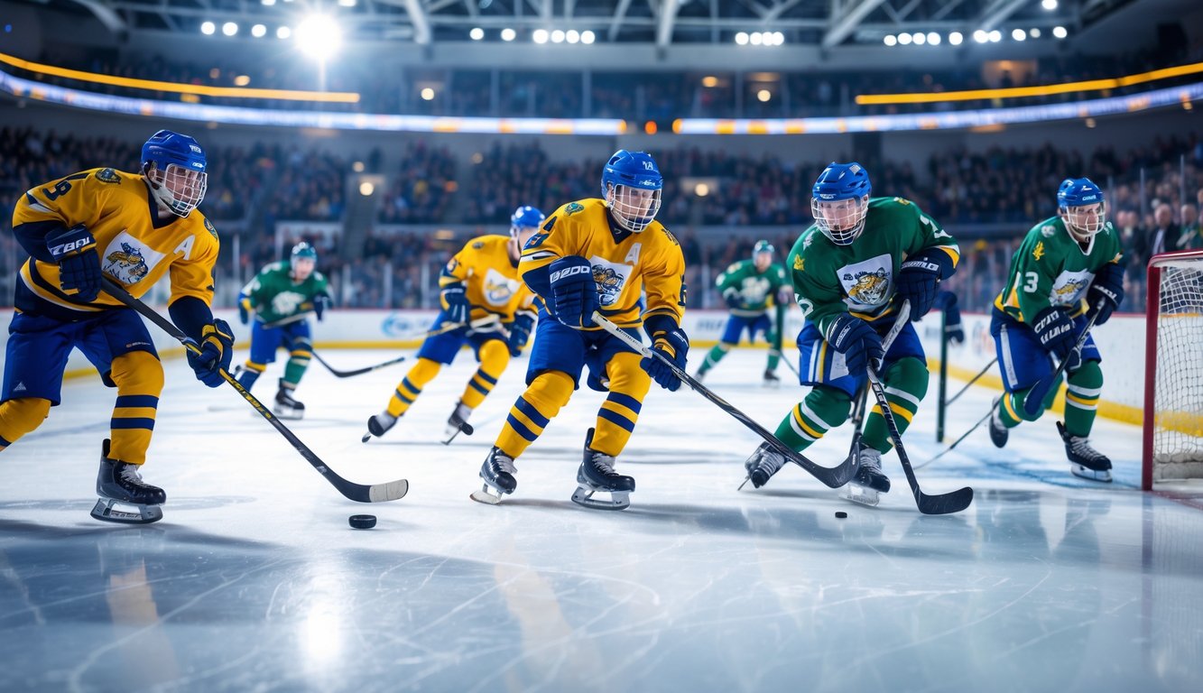 Beberapa pemain hoki es sedang bermain aktif di arena dengan penonton di latar belakang.