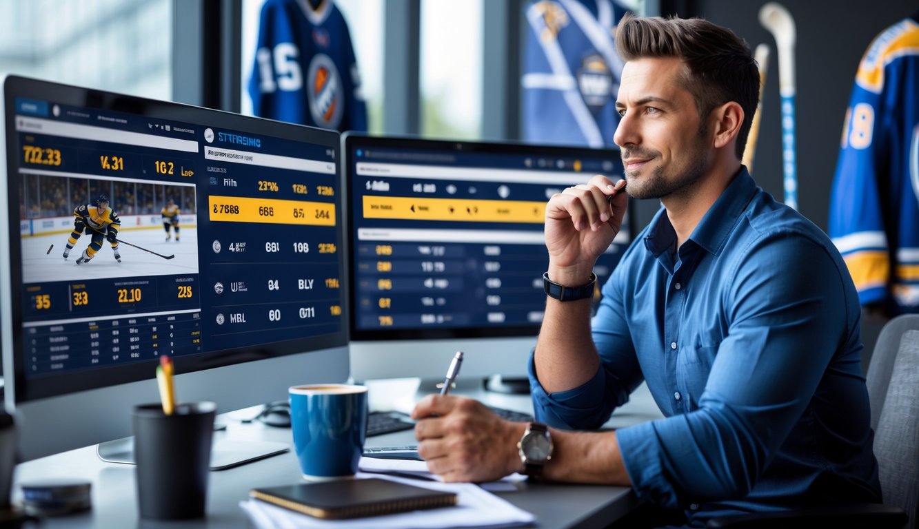Seorang pria duduk di depan beberapa monitor komputer yang menampilkan statistik dan pertandingan hoki NHL, sedang menganalisis data di sebuah kantor modern.
