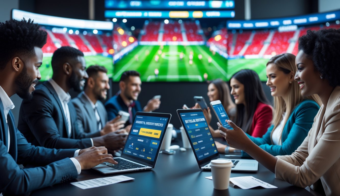 Orang-orang menggunakan perangkat digital untuk bertaruh pada pertandingan sepak bola di sebuah ruangan modern dengan layar besar yang menampilkan pertandingan sepak bola.