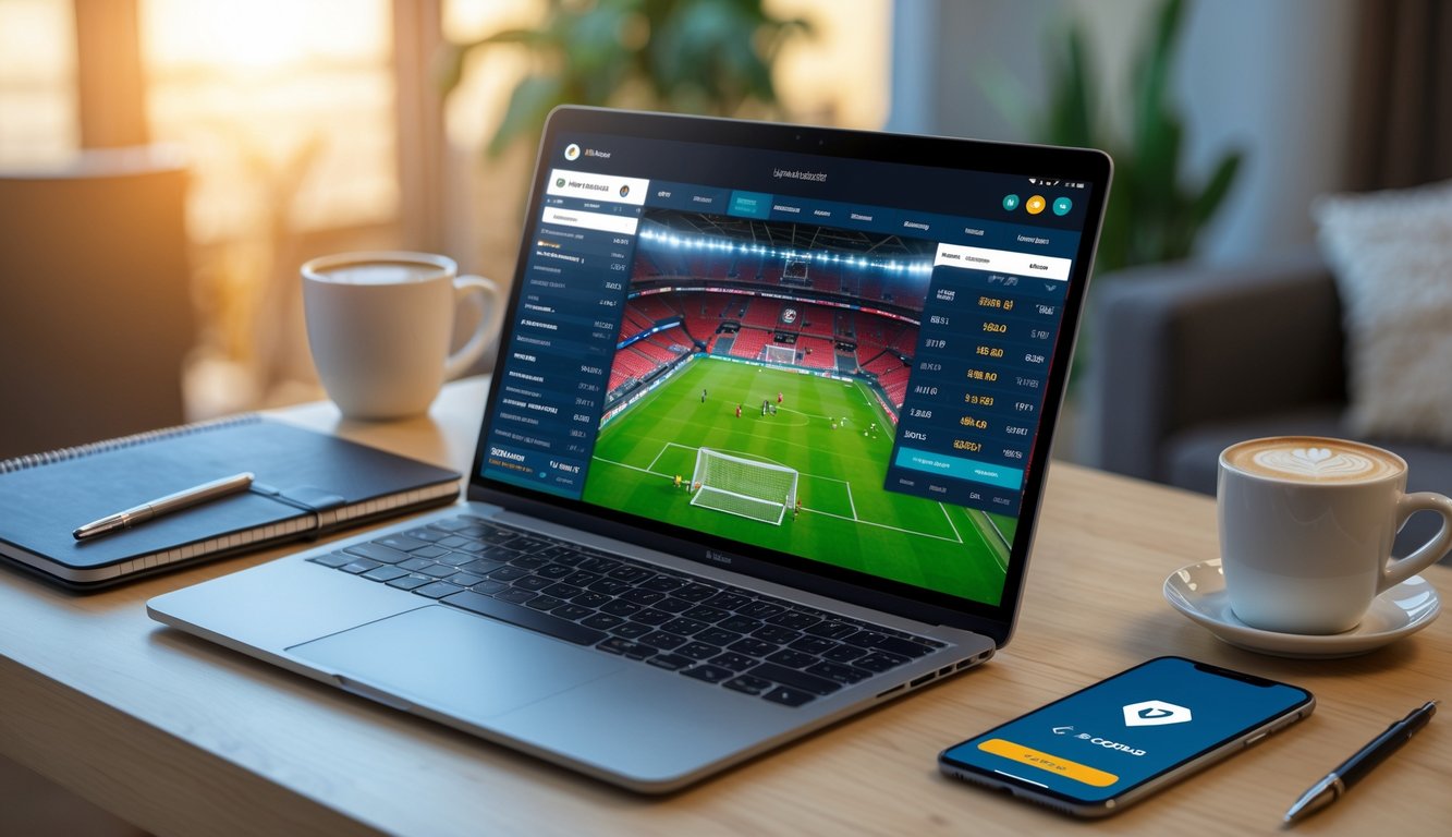 Meja kerja modern dengan laptop menampilkan pertandingan sepak bola dan perangkat pendukung lainnya.