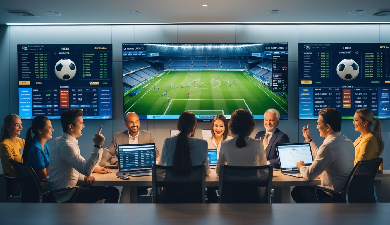 Beberapa orang sedang menggunakan perangkat elektronik untuk memasang taruhan pada pertandingan sepak bola yang ditampilkan di layar besar.