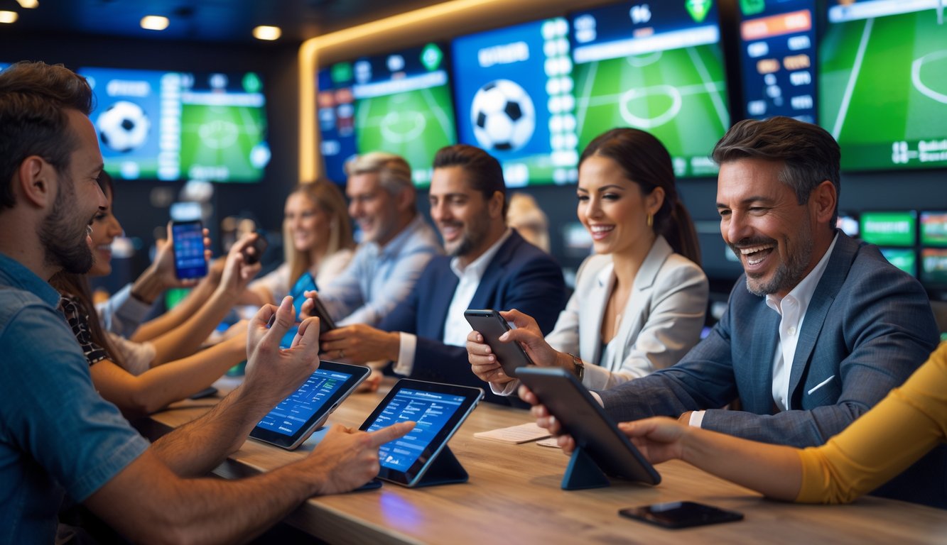 Orang-orang sedang memasang taruhan bola di sebuah tempat taruhan olahraga dengan layar besar menampilkan pertandingan sepak bola.