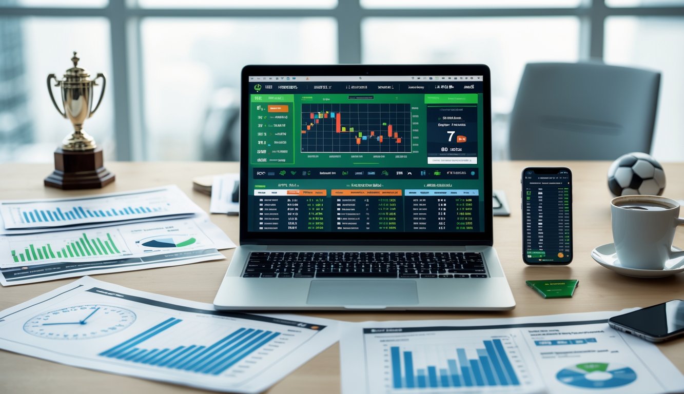 Meja kerja modern dengan laptop yang menampilkan statistik pertandingan sepak bola dan peluang taruhan, dikelilingi oleh kertas data, ponsel dengan skor langsung, dan secangkir kopi di ruang kantor terang.