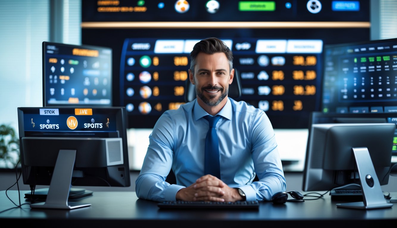 Seorang pria profesional duduk di meja dengan beberapa monitor komputer yang menampilkan data taruhan olahraga secara langsung di kantor modern.