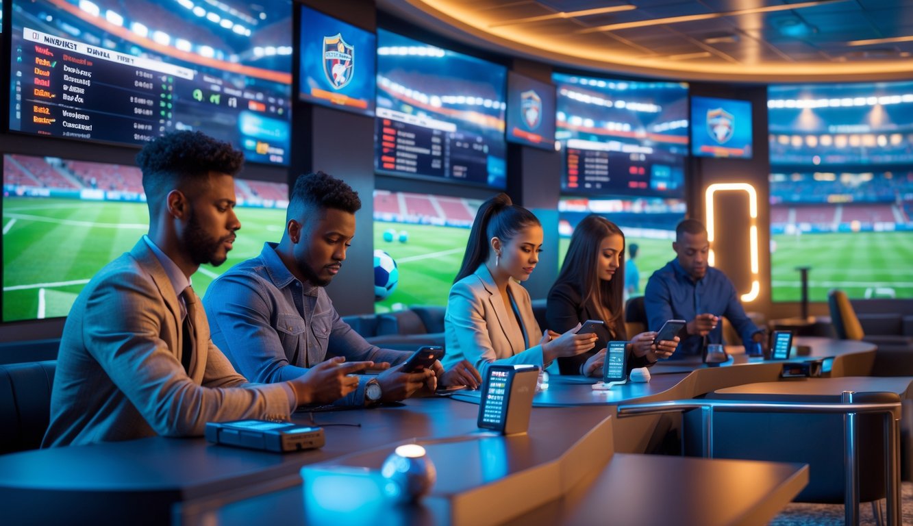 Orang-orang muda sedang memasang taruhan pada pertandingan sepak bola di sebuah lounge taruhan olahraga yang modern dengan layar besar dan pemandangan stadion di latar belakang.