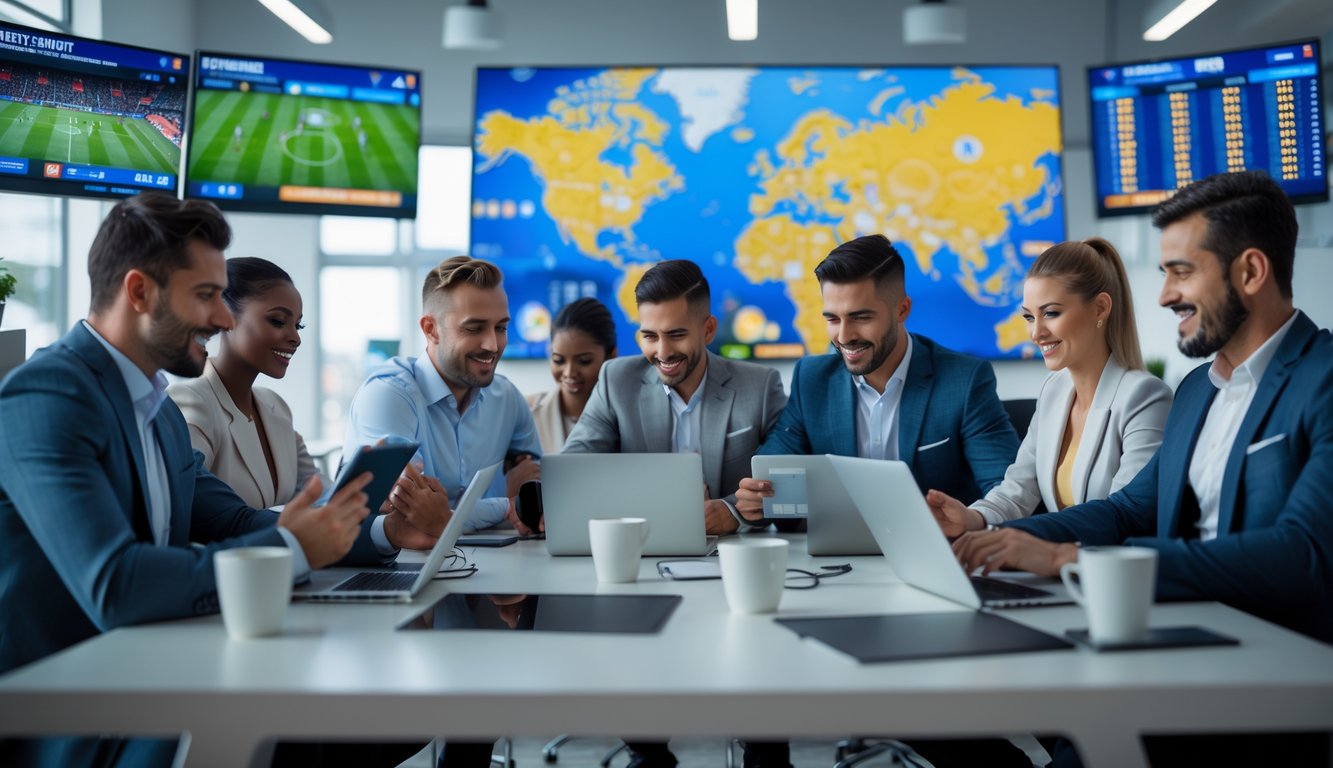 Orang-orang sedang berdiskusi dan menganalisis data taruhan sepak bola di kantor modern dengan layar besar menampilkan pertandingan sepak bola.