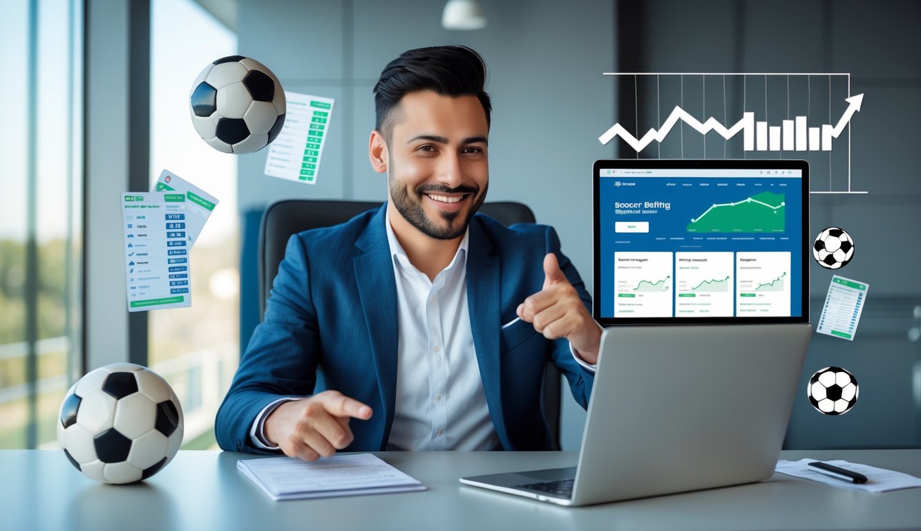 Seorang pria duduk di meja dengan laptop terbuka yang menampilkan situs taruhan sepak bola, tersenyum dan menunjuk layar, dikelilingi bola sepak dan grafik tren naik.