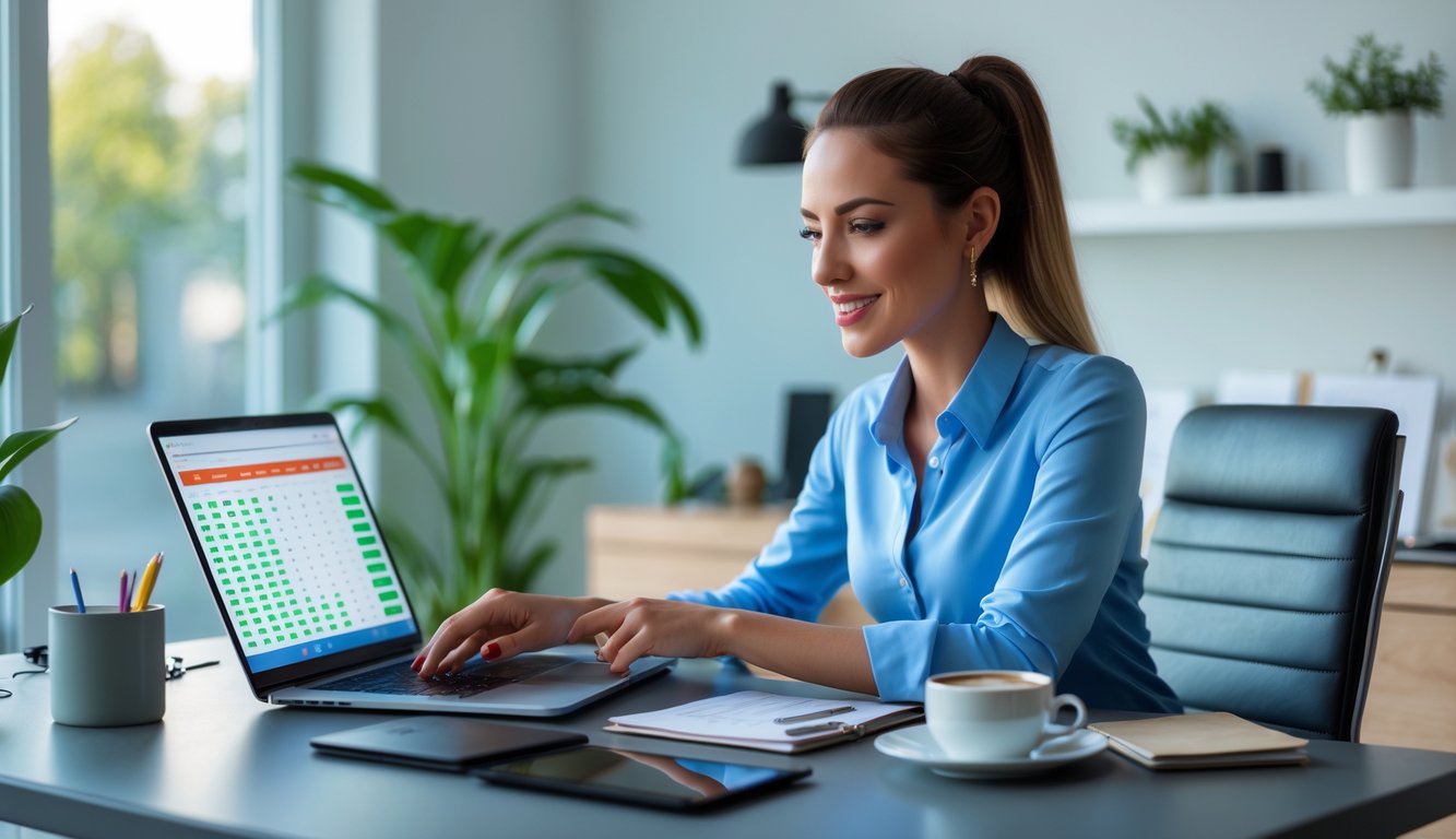 Seorang wanita muda duduk di meja kerja modern di rumah, fokus melihat layar laptop dengan suasana yang rapi dan terang.