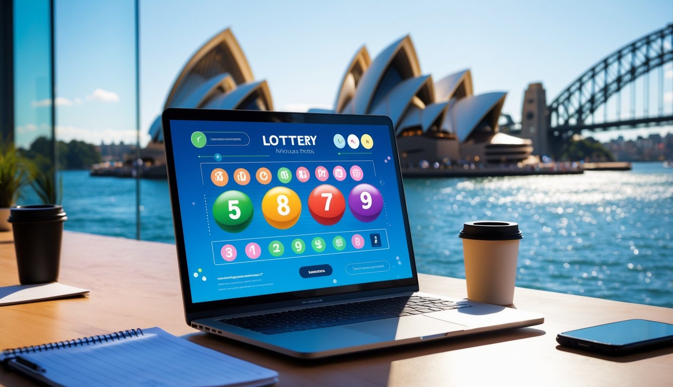 Sebuah ruang kerja modern dengan laptop yang menampilkan antarmuka lotere online, latar belakangnya terlihat Sydney Opera House dan jembatan Sydney di bawah langit cerah.