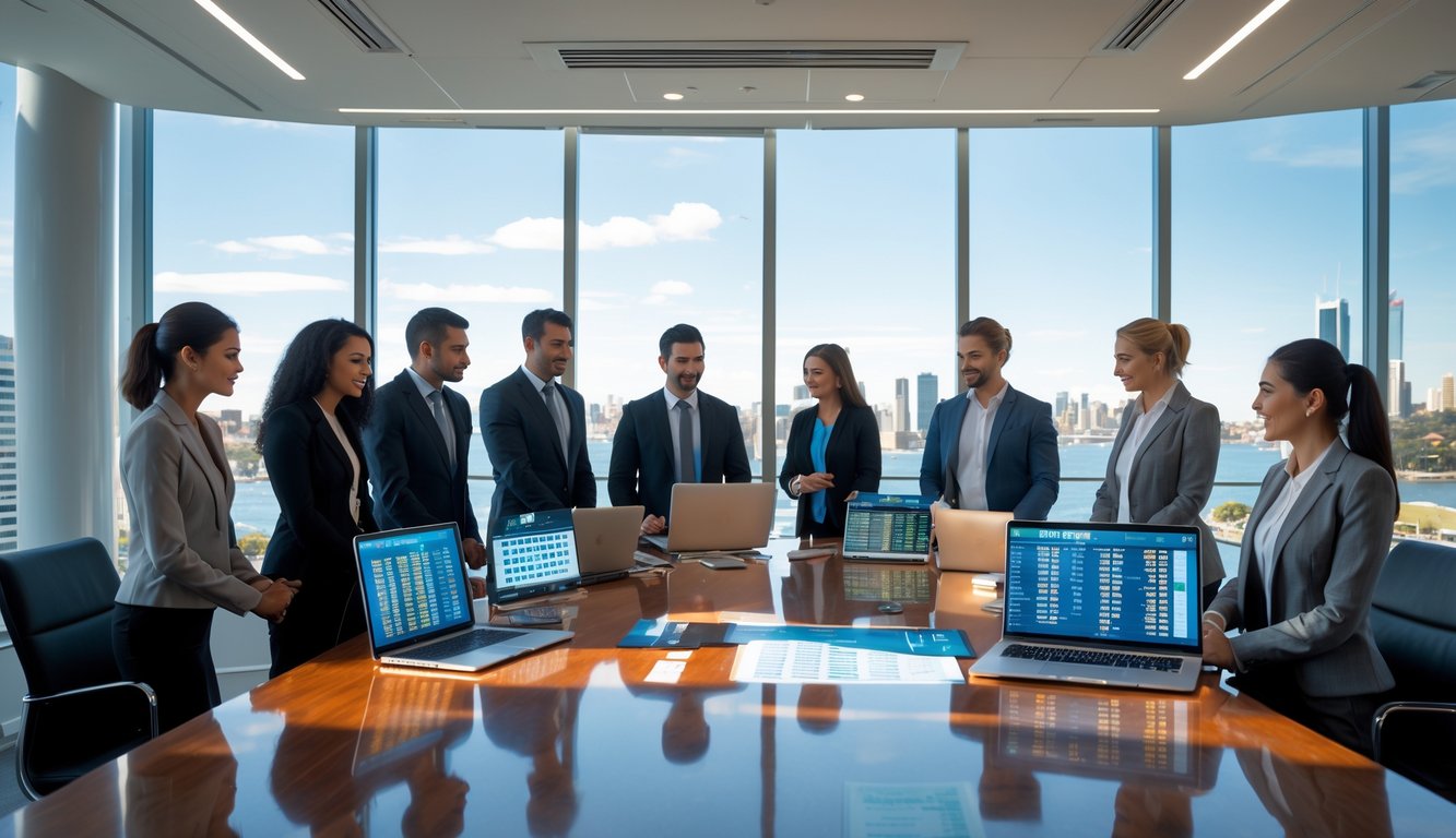 Sekelompok orang sedang bekerja di kantor modern dengan pemandangan kota Sydney di latar belakang.