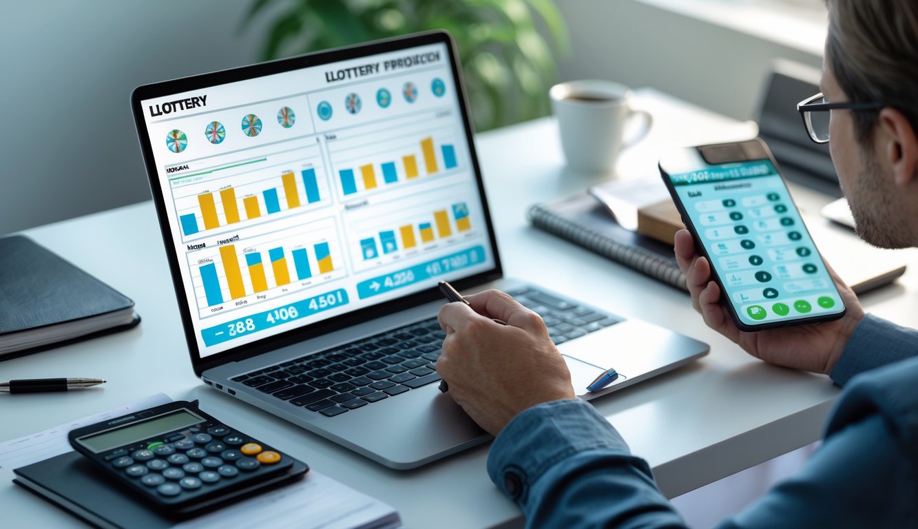 Seseorang sedang menganalisis data togel di meja kerja dengan laptop, catatan, dan kopi.