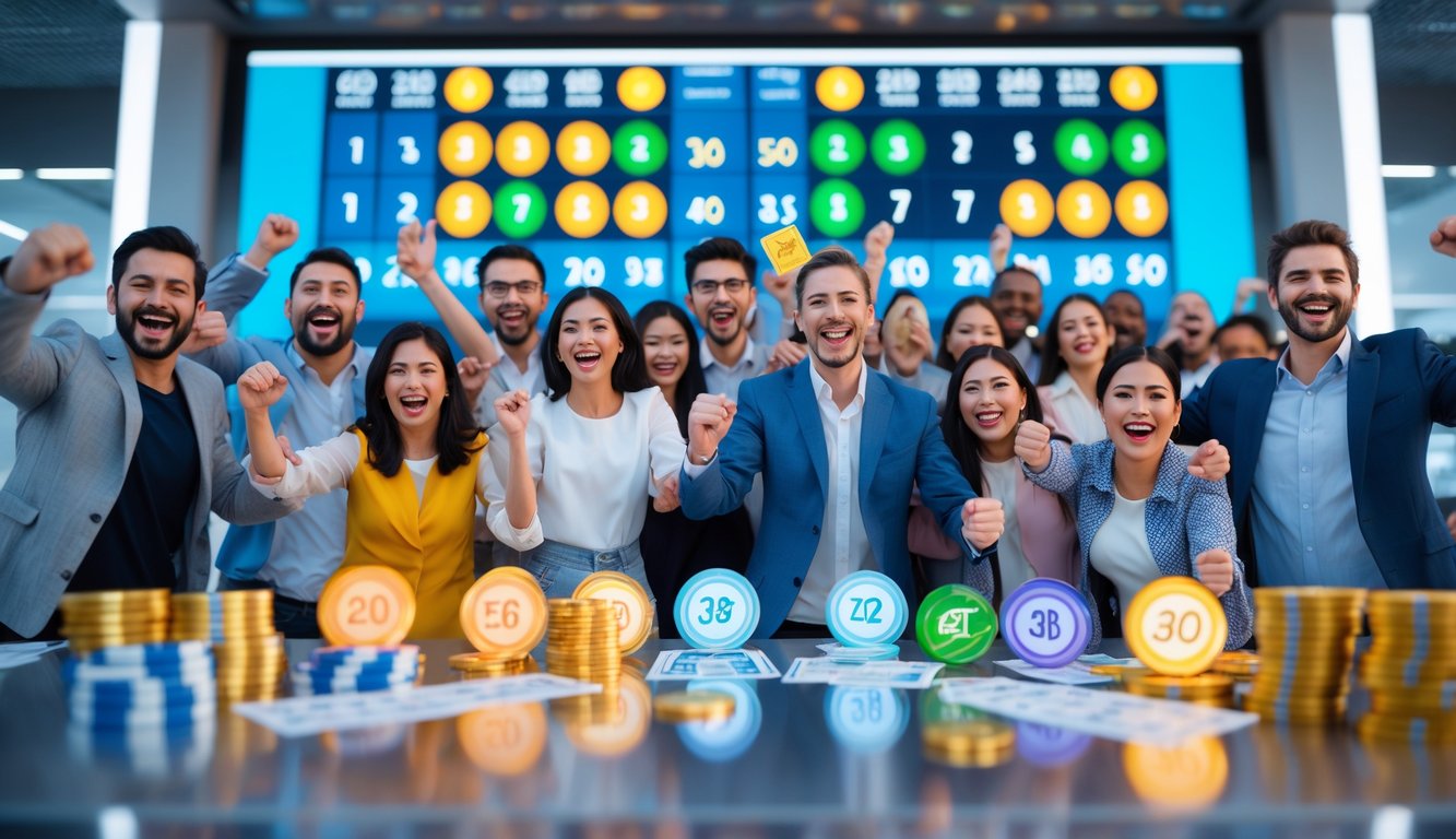 Sekelompok orang merayakan kemenangan lotere dengan ekspresi gembira di depan papan digital yang menampilkan angka dan simbol jackpot.