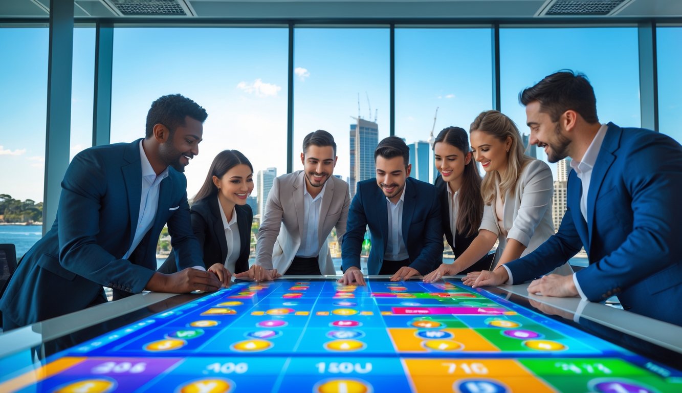 Sekelompok profesional muda sedang bekerja bersama di kantor modern dengan layar sentuh besar yang menampilkan grafik dan angka lotere, dengan pemandangan kota Sydney di latar belakang.