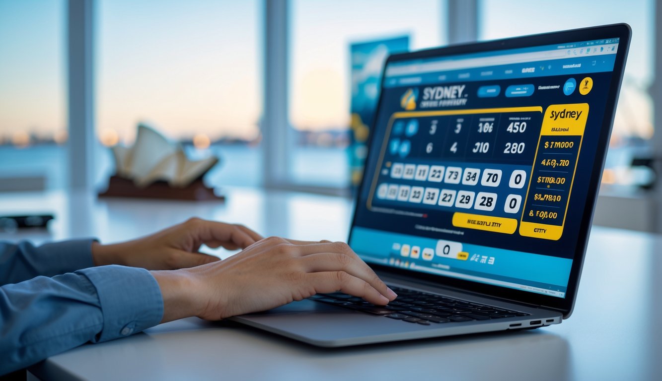 Seseorang menggunakan laptop di meja kerja dengan latar belakang model Sydney Opera House dan suasana kantor yang terang.