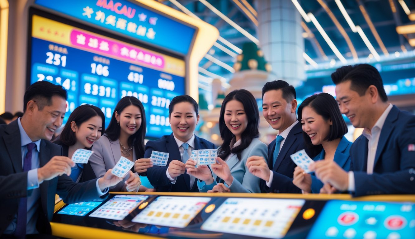 Orang-orang yang antusias bermain lotere di lingkungan permainan modern dengan lampu warna-warni dan papan angka digital, latar belakang menampilkan bangunan ikonik Macau.