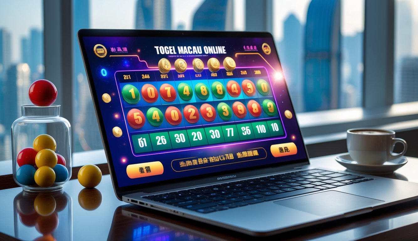 Seorang pria menggunakan laptop di meja dengan bola lotre dan latar belakang pemandangan kota Macau.