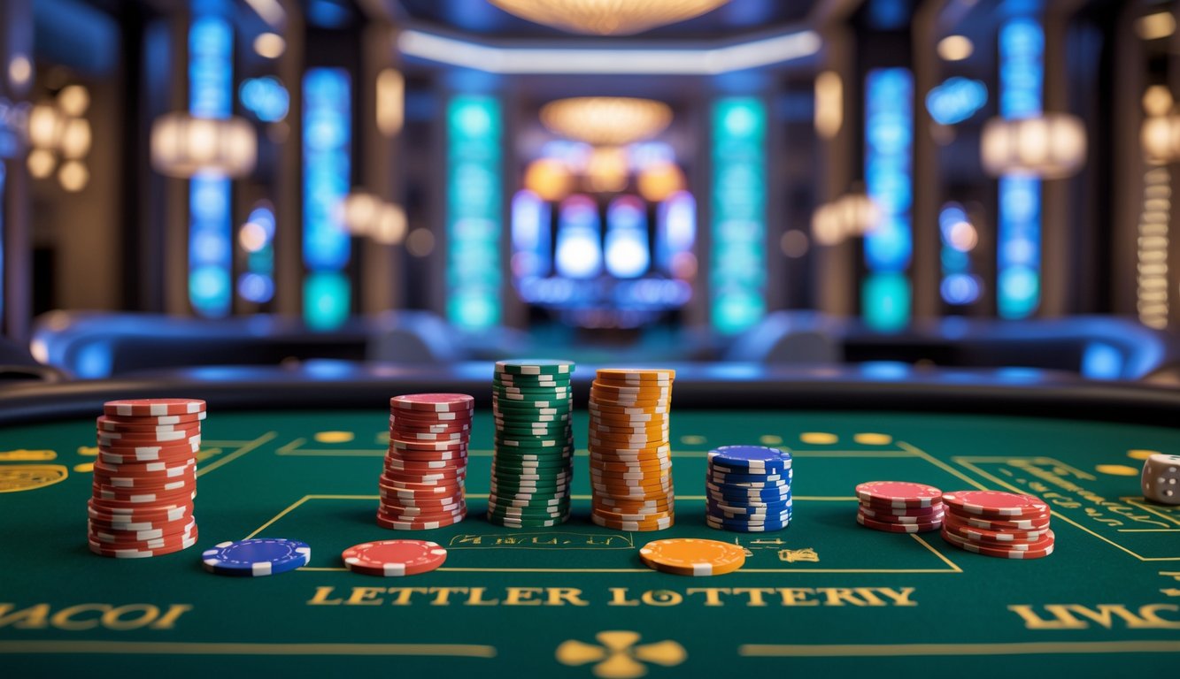 Meja judi dengan chip poker dan dadu di lingkungan kasino yang mewah dan modern.