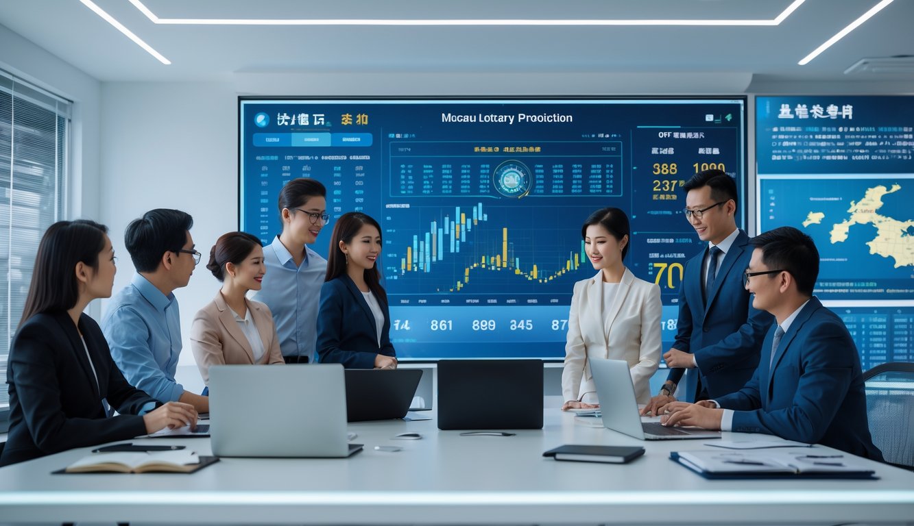 Sekelompok profesional sedang bekerja bersama di kantor modern dengan layar digital menampilkan grafik dan data analisis lotere.