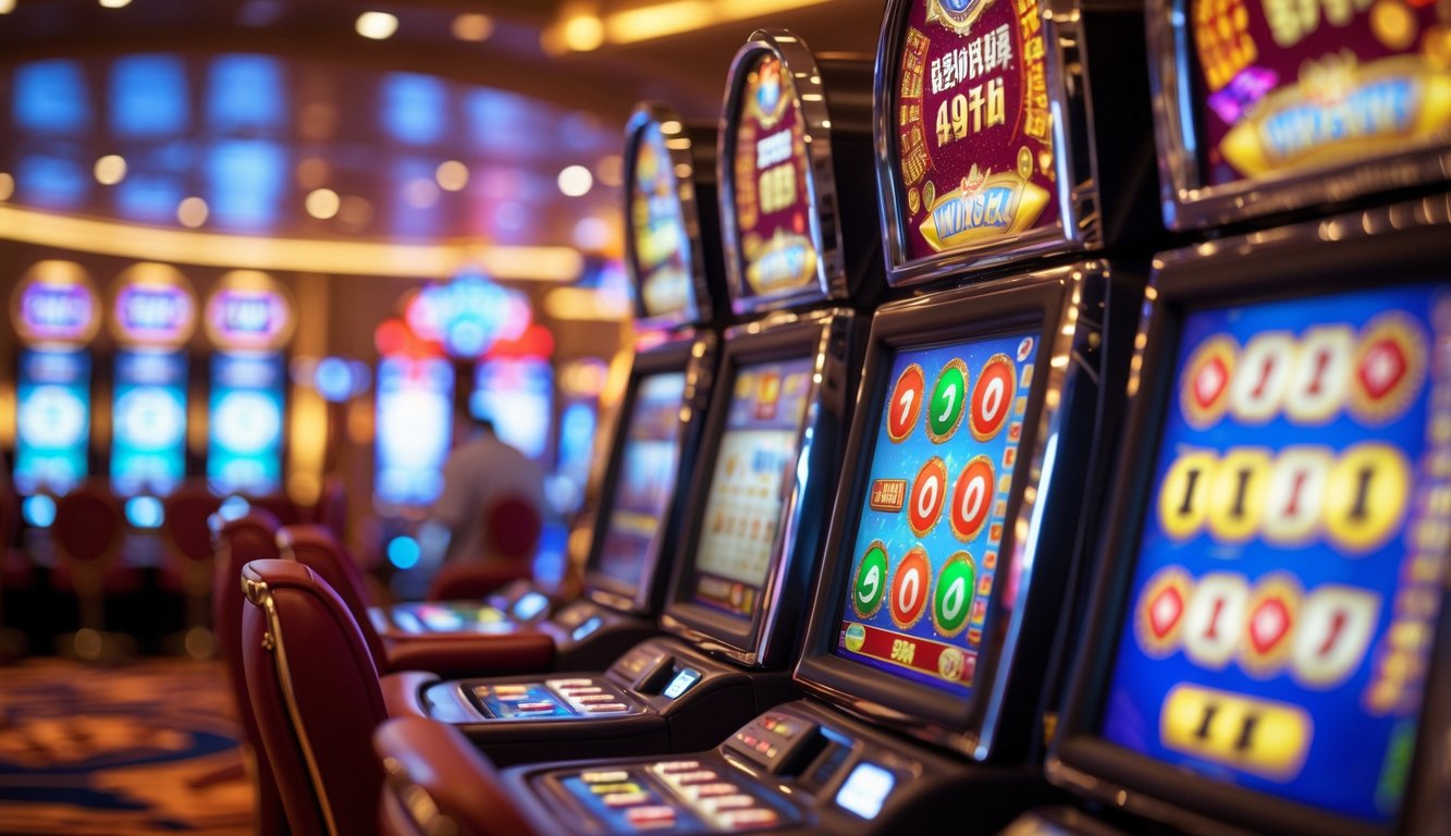 Suasana kasino yang hidup dengan mesin slot yang menunjukkan kemenangan jackpot di Macau.