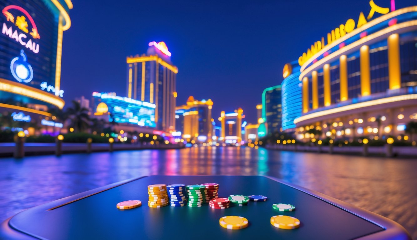 Pemandangan malam kota Macau yang hidup dengan lampu neon dan landmark terkenal, menampilkan suasana kasino dan permainan lotere.