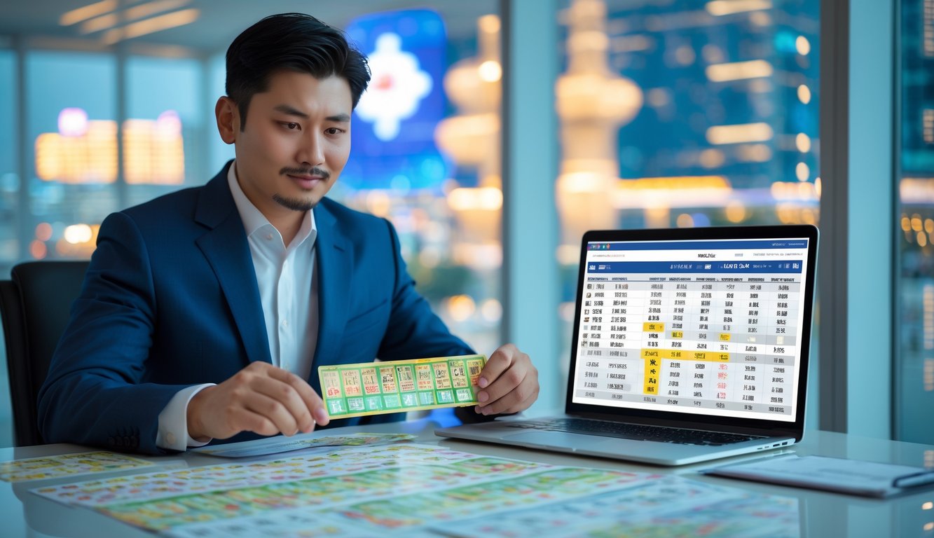Seorang pria Asia duduk di meja modern, memeriksa tiket lotere dan data statistik dengan latar belakang pemandangan kota Macau.