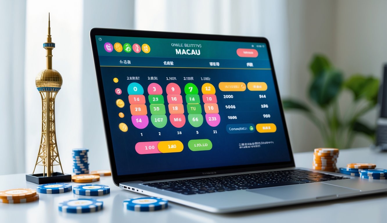 Seorang pengguna di depan laptop dengan tampilan antarmuka taruhan togel online dan miniatur Menara Macau serta chip kasino di meja.