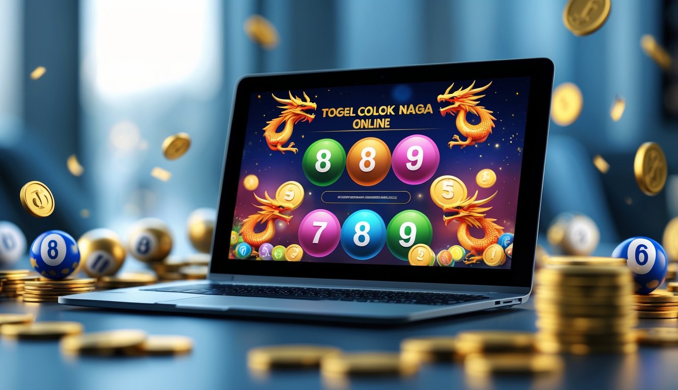 Sebuah layar komputer menampilkan antarmuka permainan togel online dengan motif naga dan elemen keberuntungan seperti koin emas dan bola nomor.