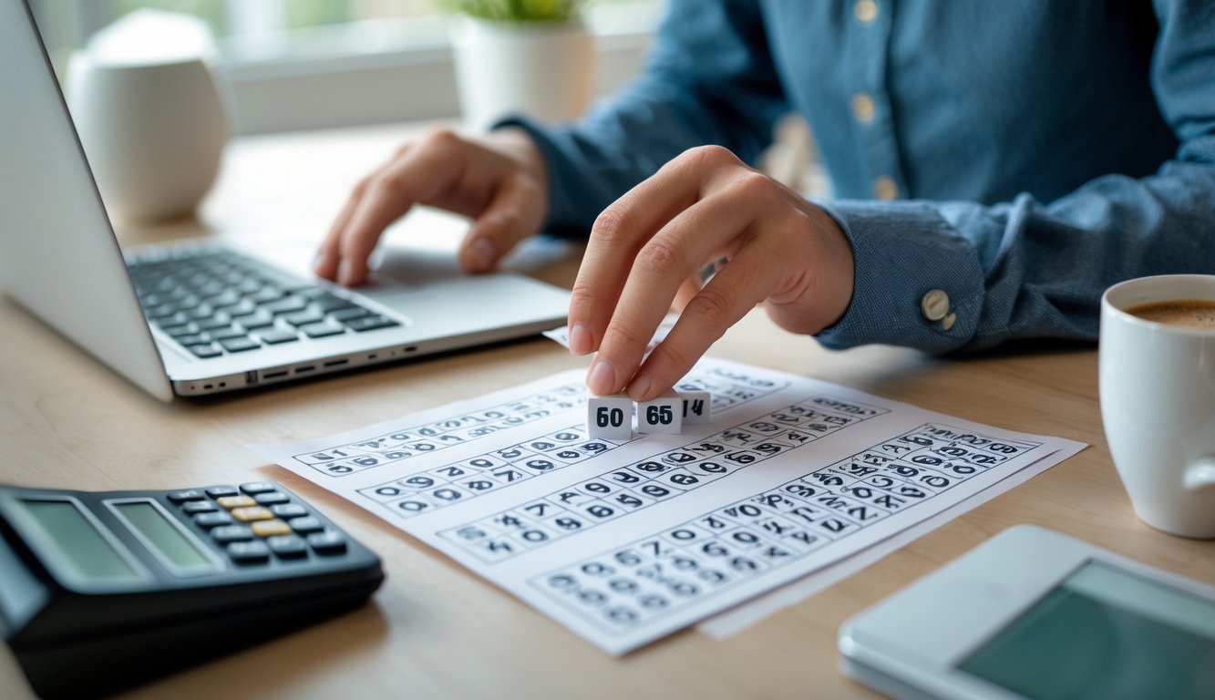 Seseorang sedang menganalisis angka togel di atas meja kerja dengan laptop dan kalkulator.