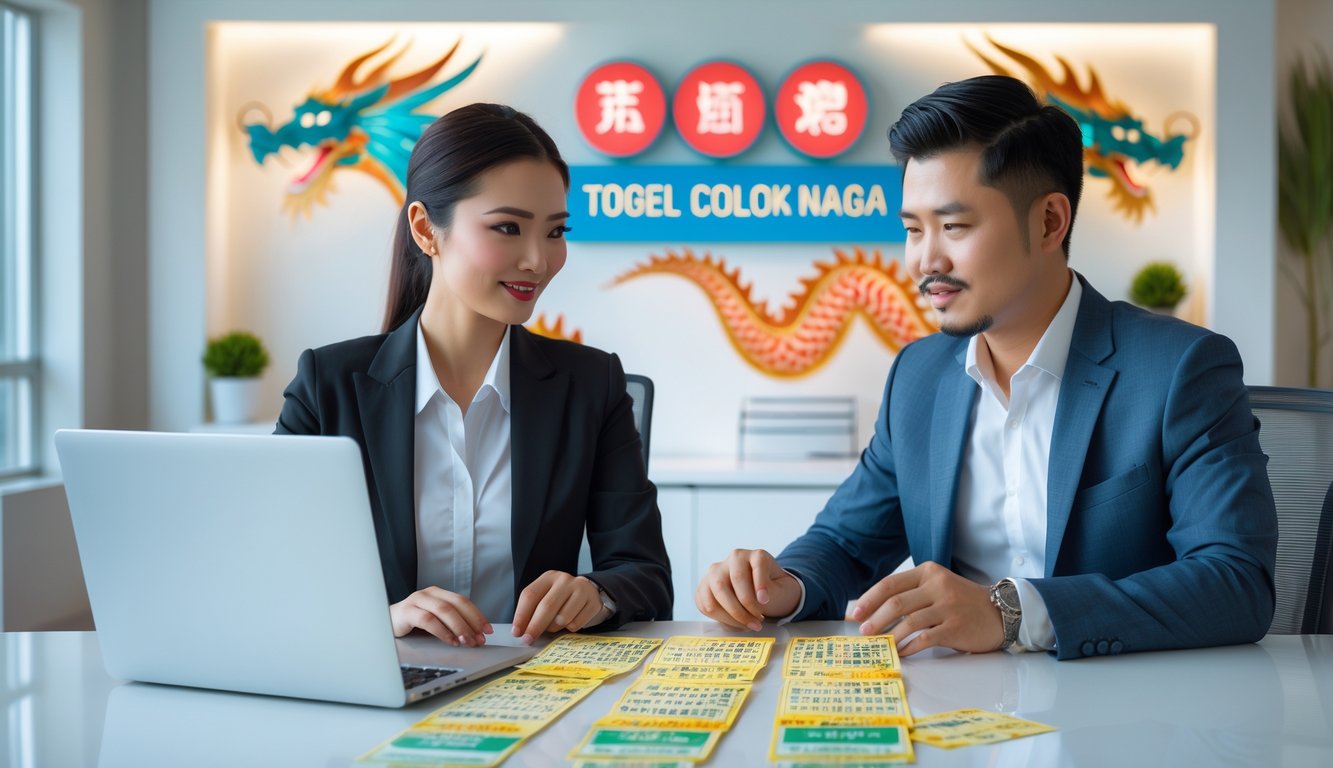 Dua orang profesional sedang berdiskusi di meja dengan tiket lotere dan dekorasi bertema naga di latar belakang.