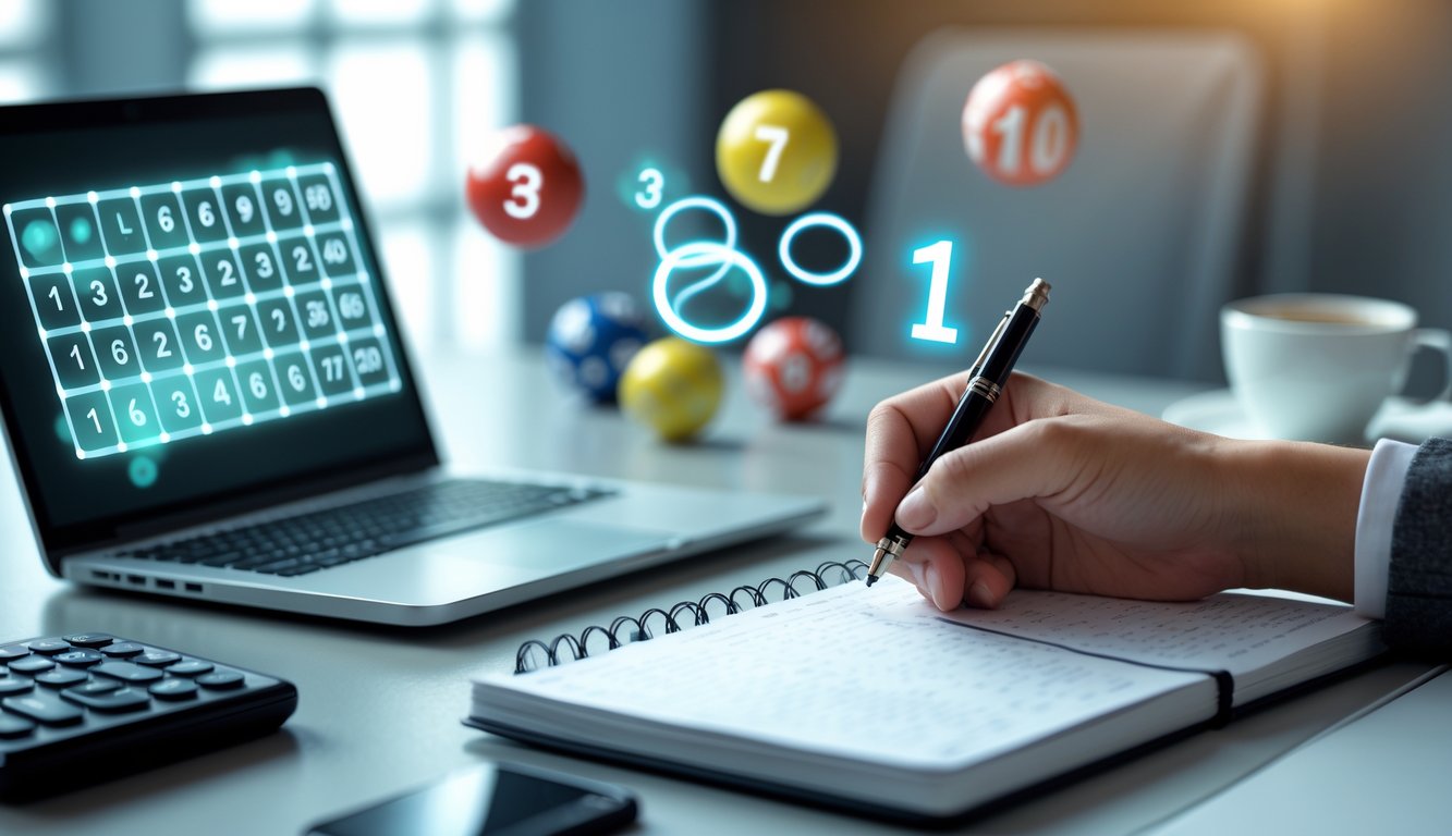 Meja kerja dengan laptop menampilkan angka lotere digital, tangan memegang pena di atas buku catatan berisi angka, dengan bola lotere dan kalkulator di latar belakang.