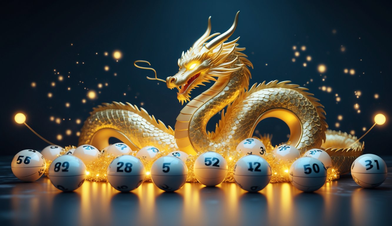 Seekor naga emas melingkari bola lotre yang bersinar di latar gelap dengan efek cahaya lembut.