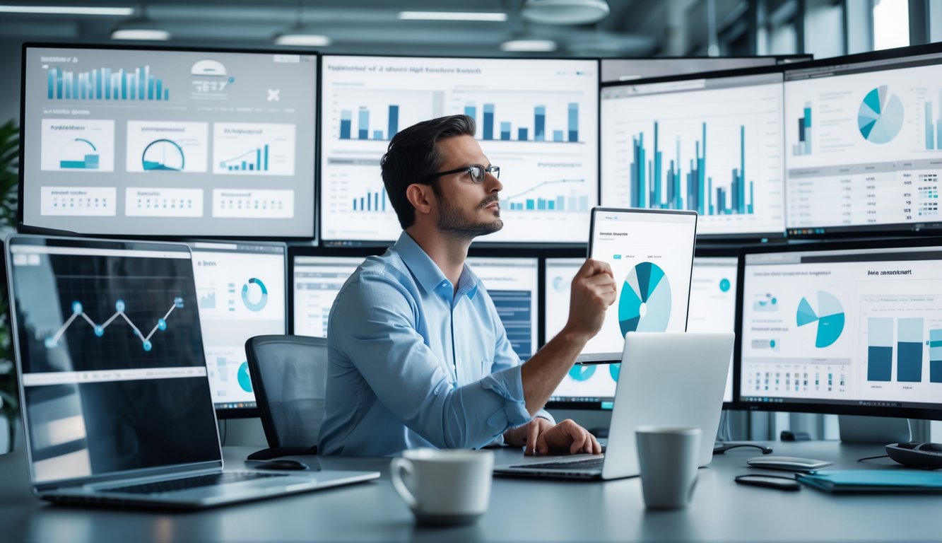 Seorang analis data sedang melihat grafik dan diagram di layar komputer di sebuah kantor modern.