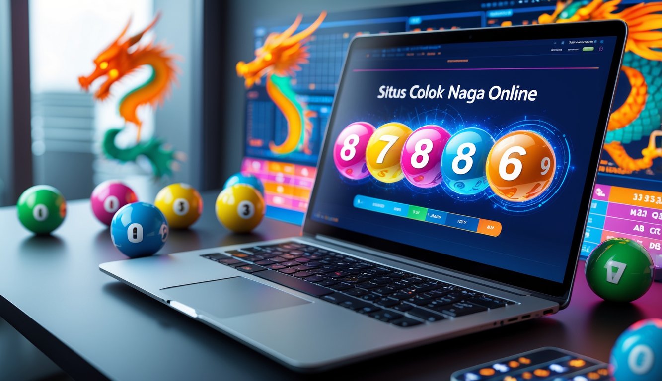 Seorang pria menggunakan laptop di meja kerja dengan tampilan antarmuka digital warna-warni dan bola lotere di sekitar, menampilkan konsep permainan judi angka online.